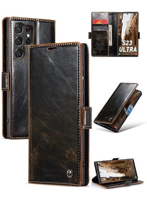 Leather Case for Samsung Galaxy S23 Ultra Wallet Case, Premium Luxury Retro Flip Magnetic Bracket with Card Slot S23 Ultra Cover 2023  Dark Brown