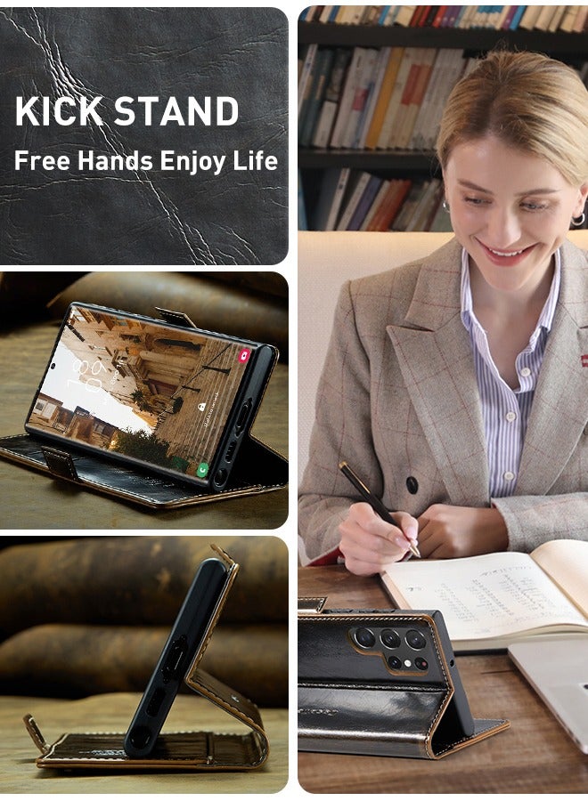 Leather Case for Samsung Galaxy S23 Ultra Wallet Case, Premium Luxury Retro Flip Magnetic Bracket with Card Slot S23 Ultra Cover 2023  Dark Brown