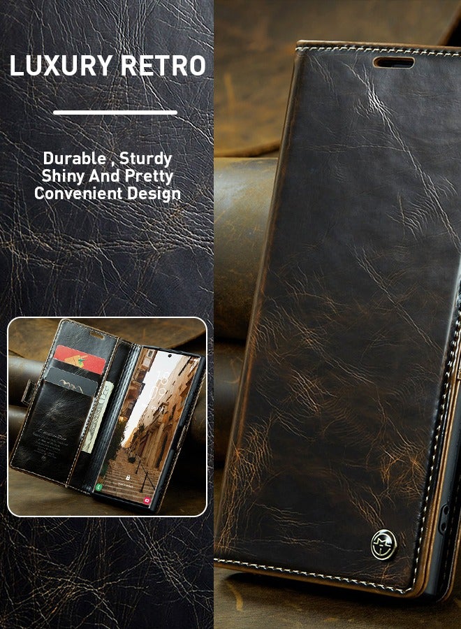 Leather Case for Samsung Galaxy S23 Ultra Wallet Case, Premium Luxury Retro Flip Magnetic Bracket with Card Slot S23 Ultra Cover 2023  Dark Brown