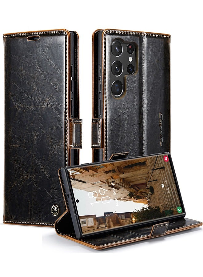 Leather Case for Samsung Galaxy S23 Ultra Wallet Case, Premium Luxury Retro Flip Magnetic Bracket with Card Slot S23 Ultra Cover 2023  Dark Brown