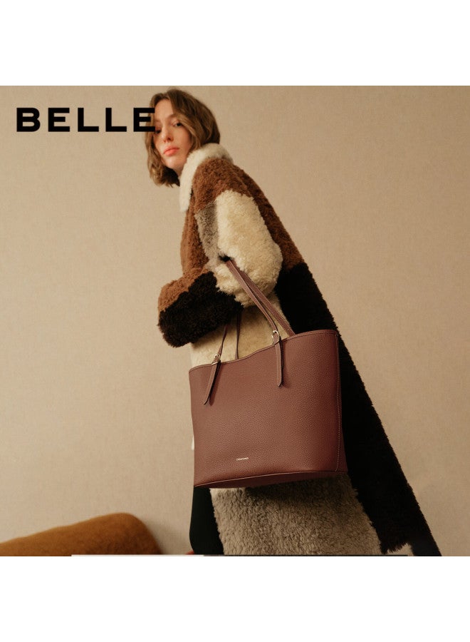 Belle Women's Genuine Leather Large Capacity Handbag Gift Textured Litchi Grain Cowhide Tote Bag X7418cx5 Brown - Image 2