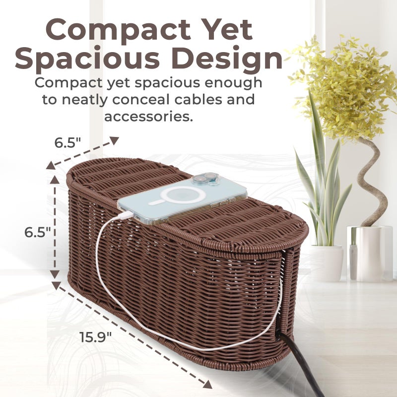 Cantalop Cable Management Box, Handmade Rattan Cable Organizer, 2 Open Slots Cords Hider Box, Under Desk Cord Organizer for Computer Router USB Hub & Power Strip, Patent Pending, 15.9" x 6.5" x 6.5", Brown - Image 2