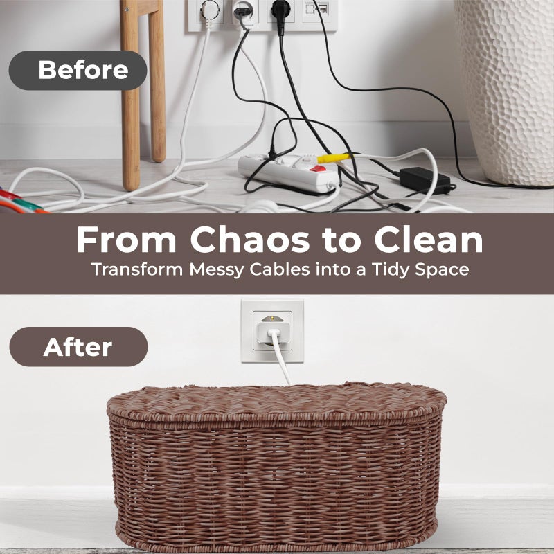 Cantalop Cable Management Box, Handmade Rattan Cable Organizer, 2 Open Slots Cords Hider Box, Under Desk Cord Organizer for Computer Router USB Hub & Power Strip, Patent Pending, 15.9" x 6.5" x 6.5", Brown - Image 5