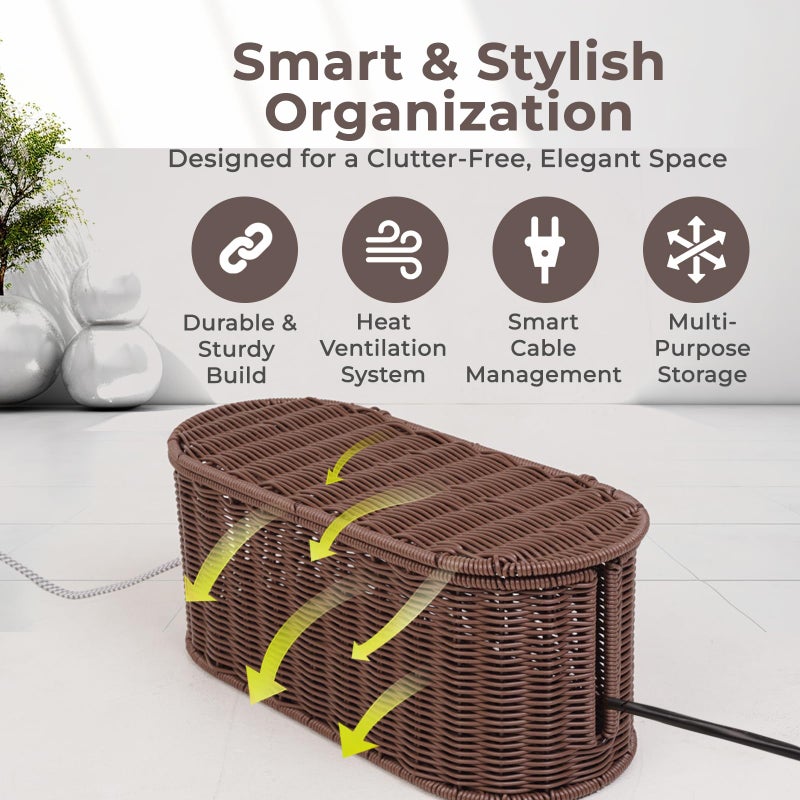 Cantalop Cable Management Box, Handmade Rattan Cable Organizer, 2 Open Slots Cords Hider Box, Under Desk Cord Organizer for Computer Router USB Hub & Power Strip, Patent Pending, 15.9" x 6.5" x 6.5", Brown - Image 4