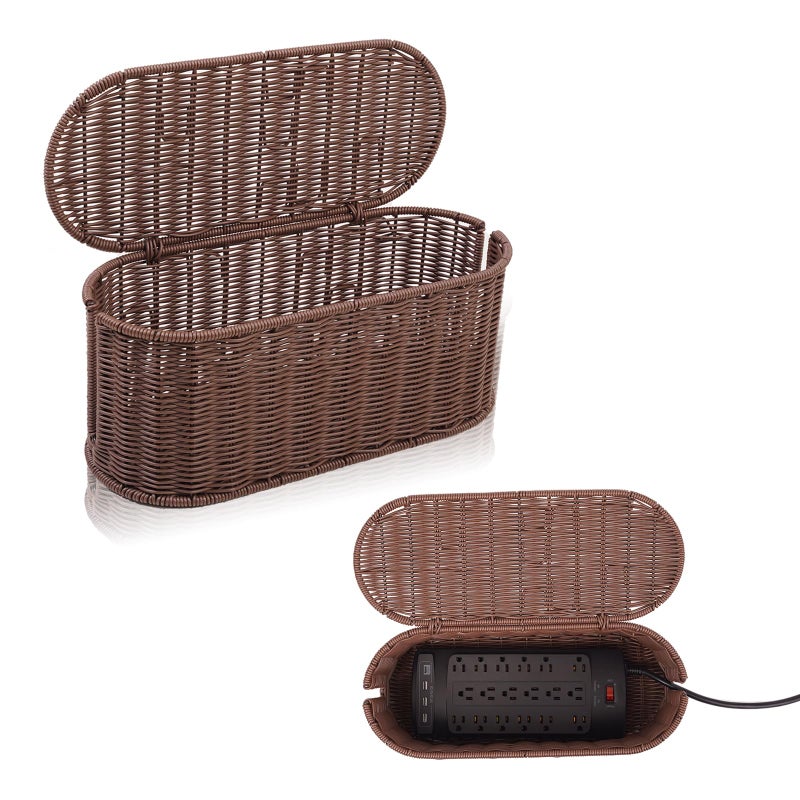 Cantalop Cable Management Box, Handmade Rattan Cable Organizer, 2 Open Slots Cords Hider Box, Under Desk Cord Organizer for Computer Router USB Hub & Power Strip, Patent Pending, 15.9" x 6.5" x 6.5", Brown - Image 1
