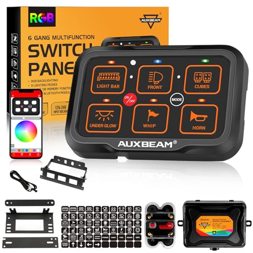 Auxbeam 6 Gang Switch Panel Bluetooth AR-600 RGB Large Button Auxiliary Switch w/Toggle Momentary Pulsed Switch Pod Backlit Off Waterproof 12-24V Switch Pod for UTV Boat Truck RV 2 Years Warranty - Image 1
