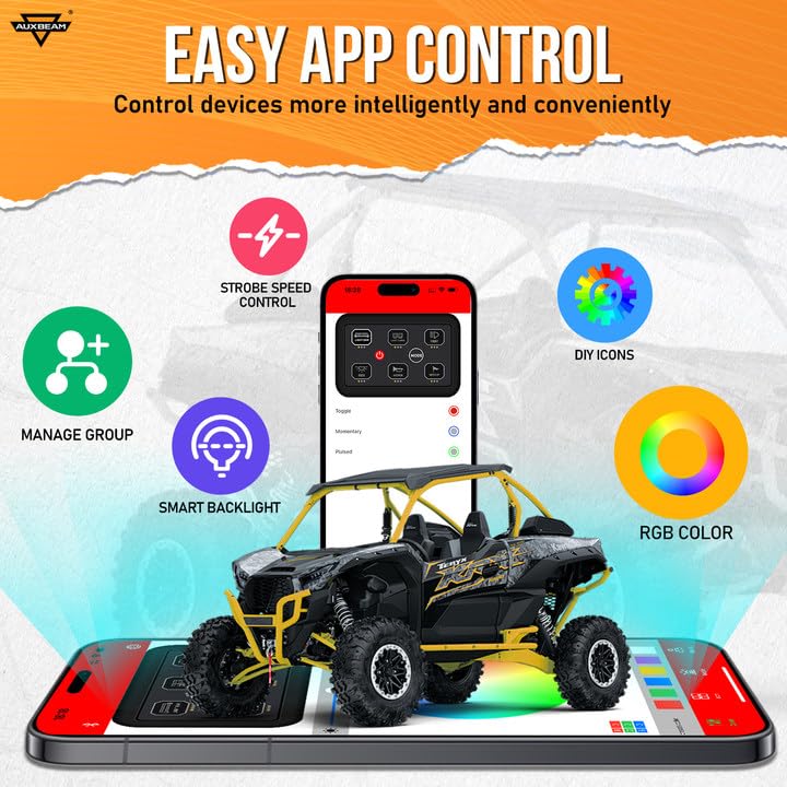 Auxbeam 6 Gang Switch Panel Bluetooth AR-600 RGB Large Button Auxiliary Switch w/Toggle Momentary Pulsed Switch Pod Backlit Off Waterproof 12-24V Switch Pod for UTV Boat Truck RV 2 Years Warranty - Image 2