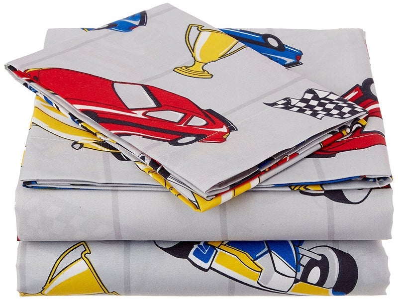 Linen Plus Sheet Set for BoysTeens Race Cars Flags Champion Grey Yellow Red Blue Black White Flat Sheet Fitted Sheet and Pillow Cases Full Size New