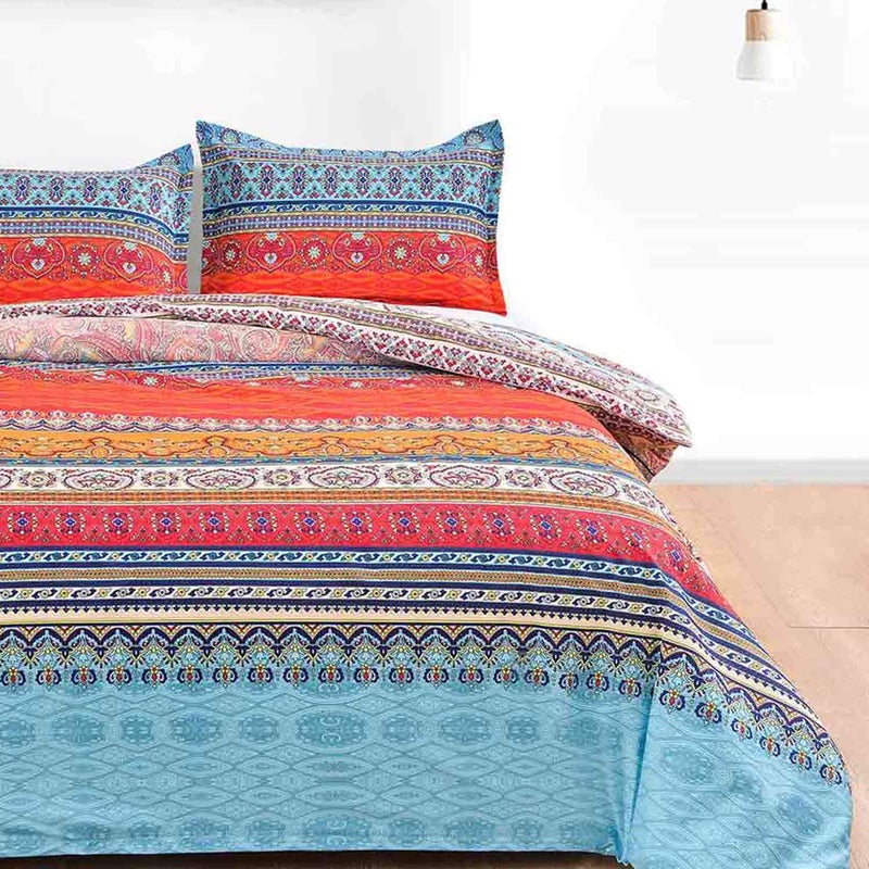 Nanko Queen Duvet Cover Set Boho Red Blue Colorful Retro Striped Print 3pc 90 x 90 Luxury Soft Microfiber Down Comforter Quilt Bedding Cover with Zipper Ties - Bohemian Exotic Style for Men and Women - Image 4