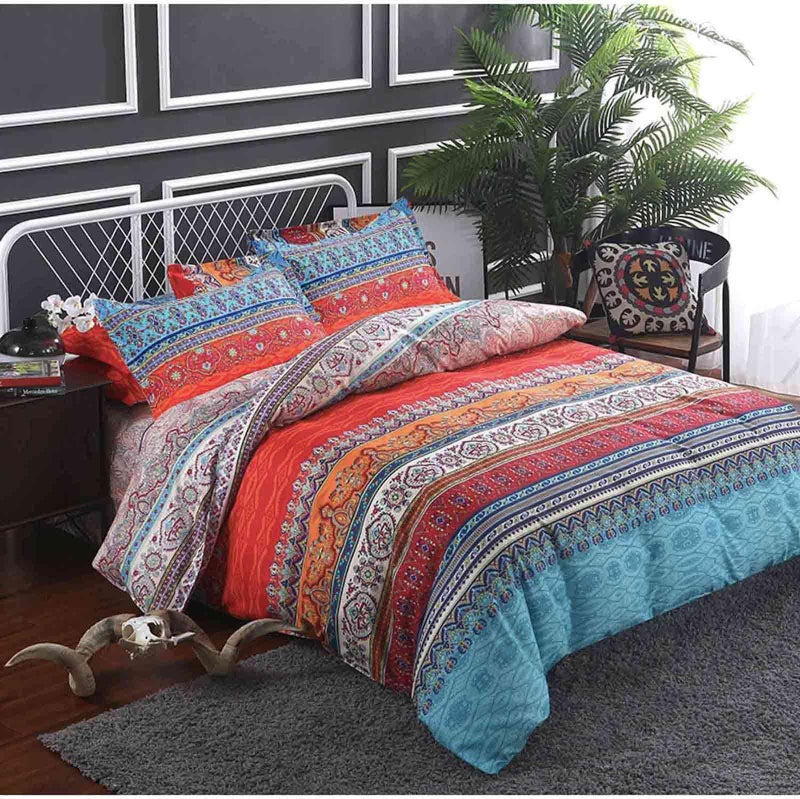 Nanko Queen Duvet Cover Set Boho Red Blue Colorful Retro Striped Print 3pc 90 x 90 Luxury Soft Microfiber Down Comforter Quilt Bedding Cover with Zipper Ties - Bohemian Exotic Style for Men and Women - Image 3