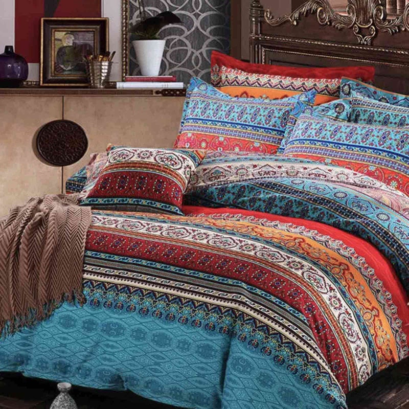 Nanko Queen Duvet Cover Set Boho Red Blue Colorful Retro Striped Print 3pc 90 x 90 Luxury Soft Microfiber Down Comforter Quilt Bedding Cover with Zipper Ties - Bohemian Exotic Style for Men and Women - Image 2