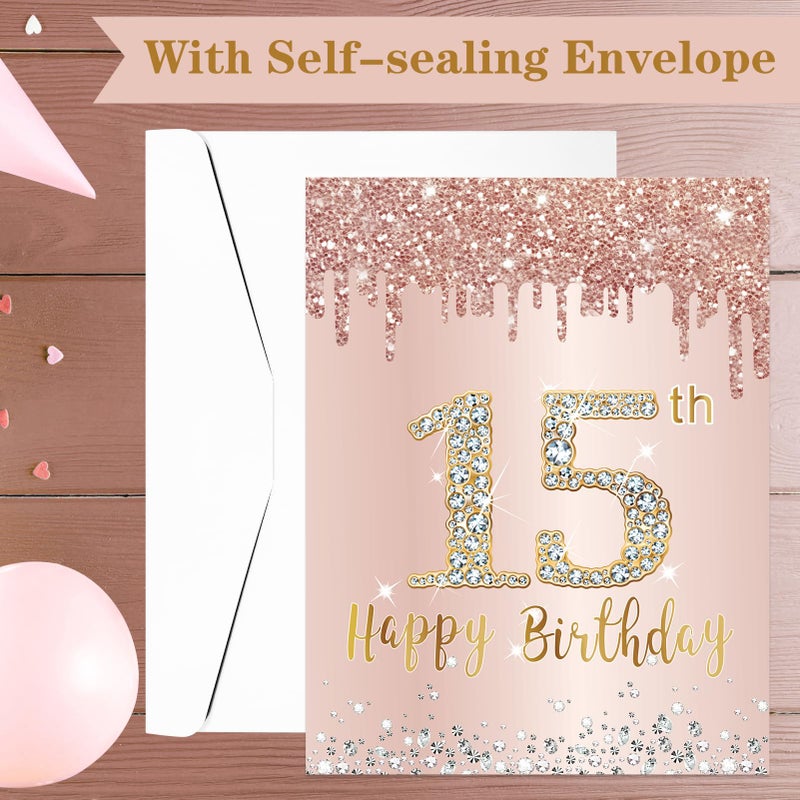 Eucutur Large 15 Birthday Card with Envelope, Jumbo Happy 15th Birthday Card Gifts for Girl, Extra Big 15 Birthday Guest Book Greeting Cards Party Supplies, Pink Rose Gold Giant Fifteen Year Birthday Card - Image 4