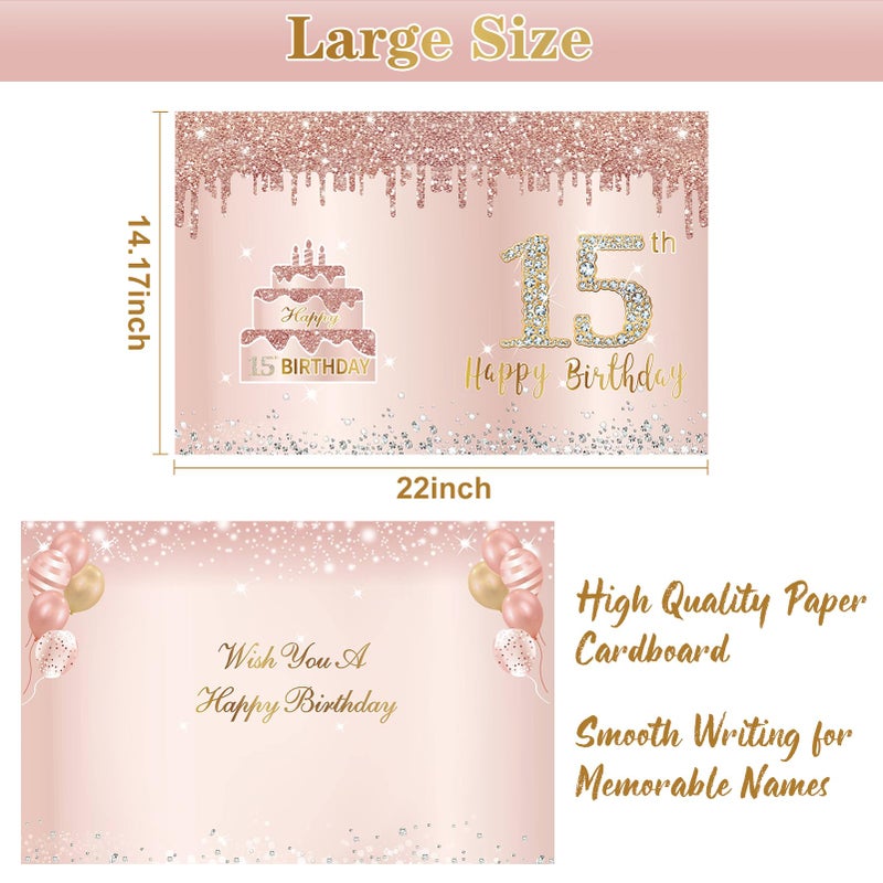 Eucutur Large 15 Birthday Card with Envelope, Jumbo Happy 15th Birthday Card Gifts for Girl, Extra Big 15 Birthday Guest Book Greeting Cards Party Supplies, Pink Rose Gold Giant Fifteen Year Birthday Card - Image 3