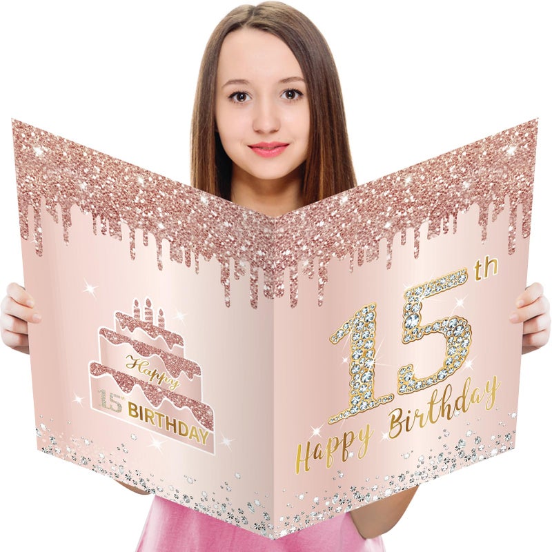 Eucutur Large 15 Birthday Card with Envelope, Jumbo Happy 15th Birthday Card Gifts for Girl, Extra Big 15 Birthday Guest Book Greeting Cards Party Supplies, Pink Rose Gold Giant Fifteen Year Birthday Card - Image 1