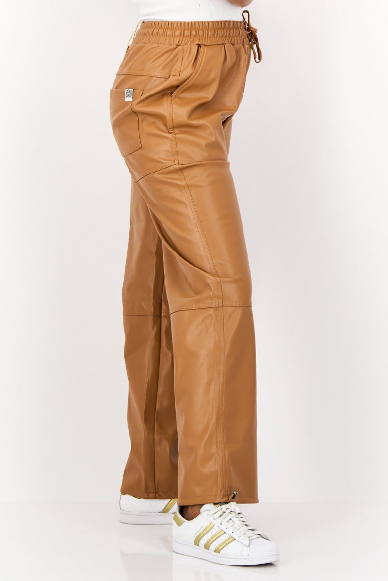 The Giving Movement Women Regular Fit Wide Leg Solid Leather Jogger Pants, Brown  - Image 4
