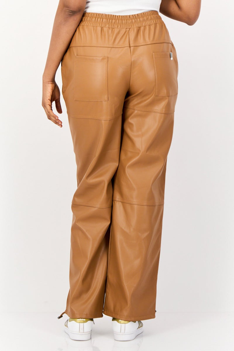 The Giving Movement Women Regular Fit Wide Leg Solid Leather Jogger Pants, Brown  - Image 3