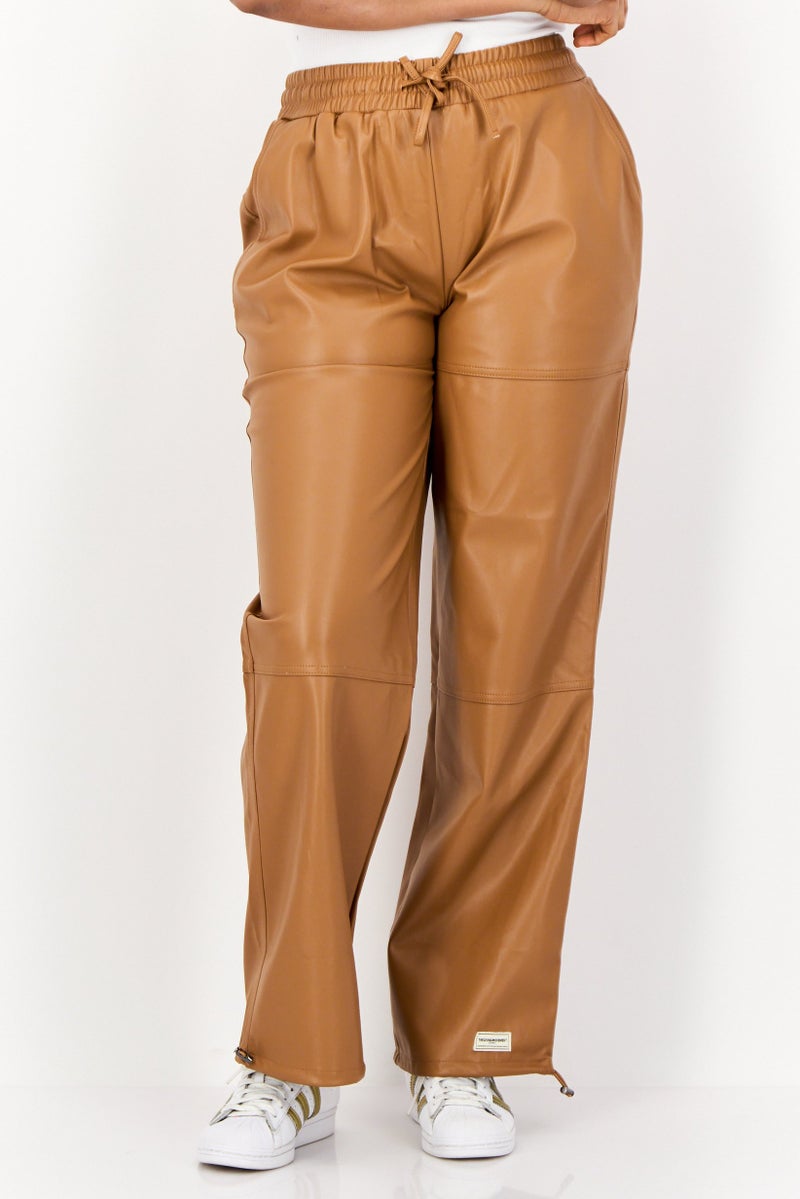 The Giving Movement Women Regular Fit Wide Leg Solid Leather Jogger Pants, Brown  - Image 1