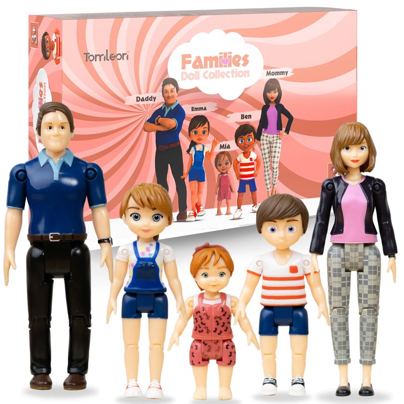 TOMLEON Family Dollhouse People - Doll House People Figures - 5 Poseable Action Figures Incl. Mom, Dad, Sister, Brother, Toddler - Small Dolls for Dollhouse - Dollhouse Dolls (Family) - Image 1
