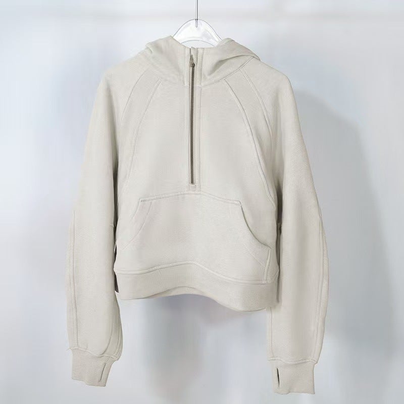 American Style Hooded Autumn and Winter Yoga Suit Half Zip terry Sweat Casual Loose Short fleece-lined Sweat Apricot 