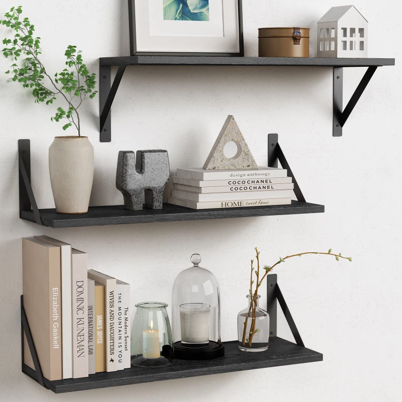 Forbena Large Floating Shelves for Wall 24 Inch Long Set of 3, 8 in Deep Wall Bookshelf for Bedroom Living Room, Wooden Heavy Duty Hanging Book Shelves for Office Kitchen Closet Storage (Black) - Image 1