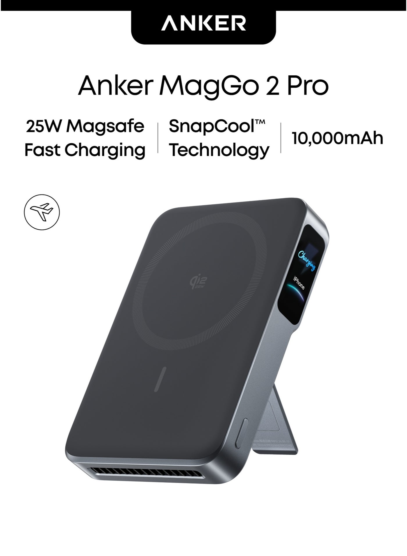 Anker MagGo 2 Pro Power Bank, Qi2.2 25W 10000mAh Magnetic Portable Charger MagSafe-Compatible Power Bank with Active Cooling Fan,Smart Display&Stand,45W Max Recharge, for iPhone18pro max/pro/and More Black
