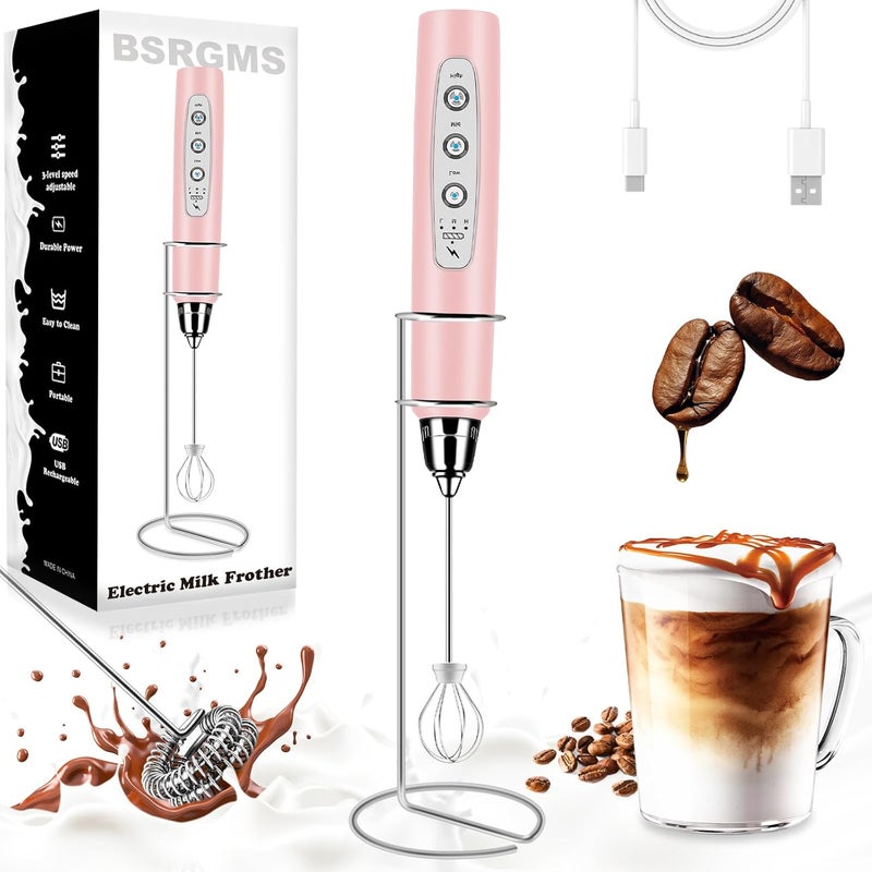 BSRGMS Milk Frother Handheld with Stand, Electric Whisk 3 Speed Adjustable, Drink Mixer with Stainless 3 Whisks, Rechargeable Hand Frother Wand, Foam Maker for Latte Cappuccino Hot Chocolate Egg Pink - Image 1