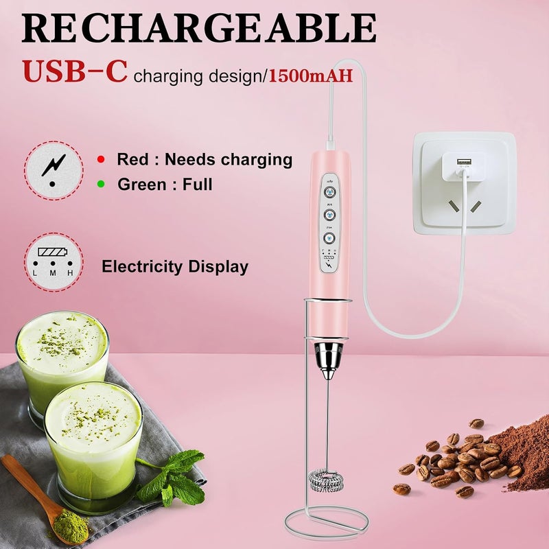 BSRGMS Milk Frother Handheld with Stand, Electric Whisk 3 Speed Adjustable, Drink Mixer with Stainless 3 Whisks, Rechargeable Hand Frother Wand, Foam Maker for Latte Cappuccino Hot Chocolate Egg Pink - Image 2