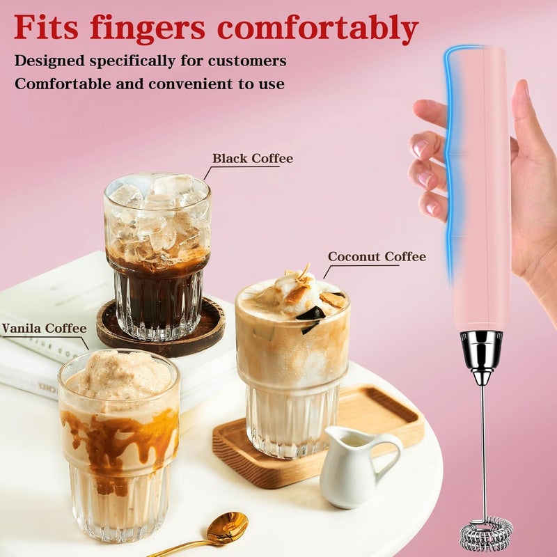 BSRGMS Milk Frother Handheld with Stand, Electric Whisk 3 Speed Adjustable, Drink Mixer with Stainless 3 Whisks, Rechargeable Hand Frother Wand, Foam Maker for Latte Cappuccino Hot Chocolate Egg Pink - Image 4