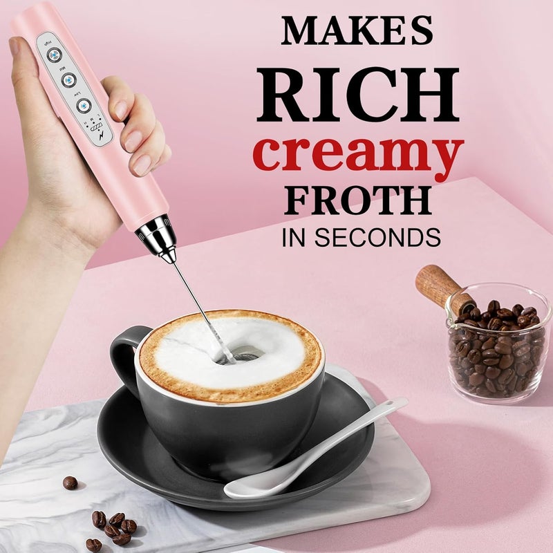 BSRGMS Milk Frother Handheld with Stand, Electric Whisk 3 Speed Adjustable, Drink Mixer with Stainless 3 Whisks, Rechargeable Hand Frother Wand, Foam Maker for Latte Cappuccino Hot Chocolate Egg Pink - Image 5