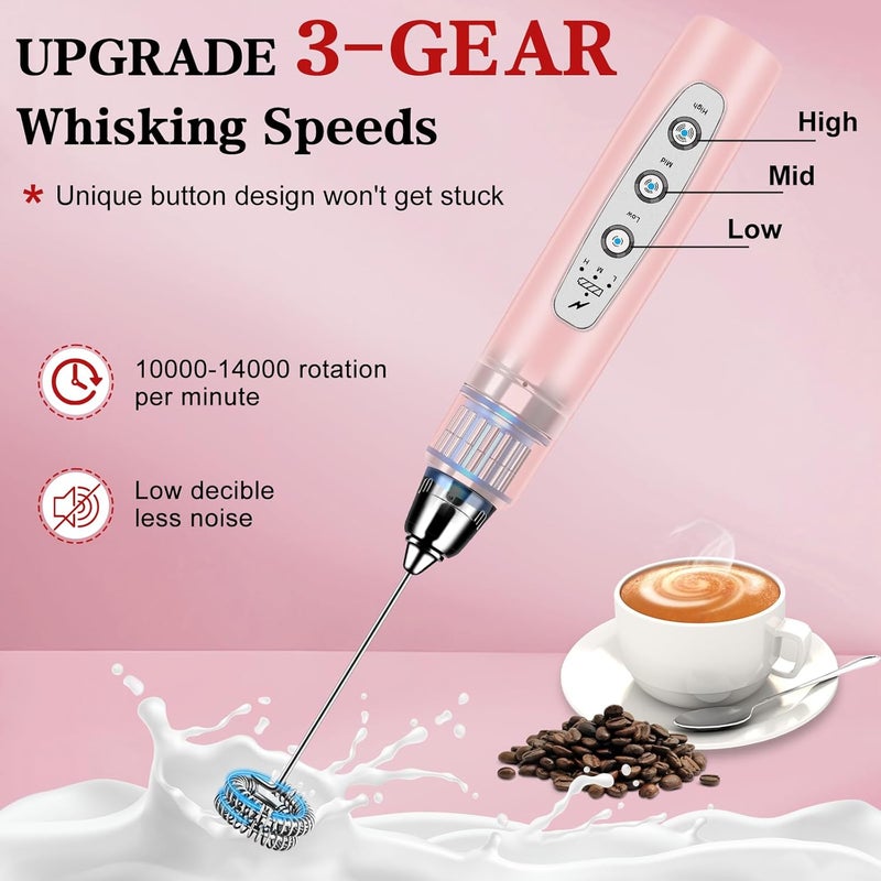 BSRGMS Milk Frother Handheld with Stand, Electric Whisk 3 Speed Adjustable, Drink Mixer with Stainless 3 Whisks, Rechargeable Hand Frother Wand, Foam Maker for Latte Cappuccino Hot Chocolate Egg Pink - Image 3