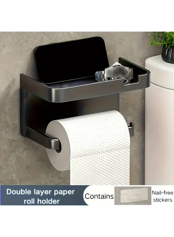 Black No Drill Bathroom Tissue Holder And Phone Tray With Heavy Duty Adhesive Mount - Image 4