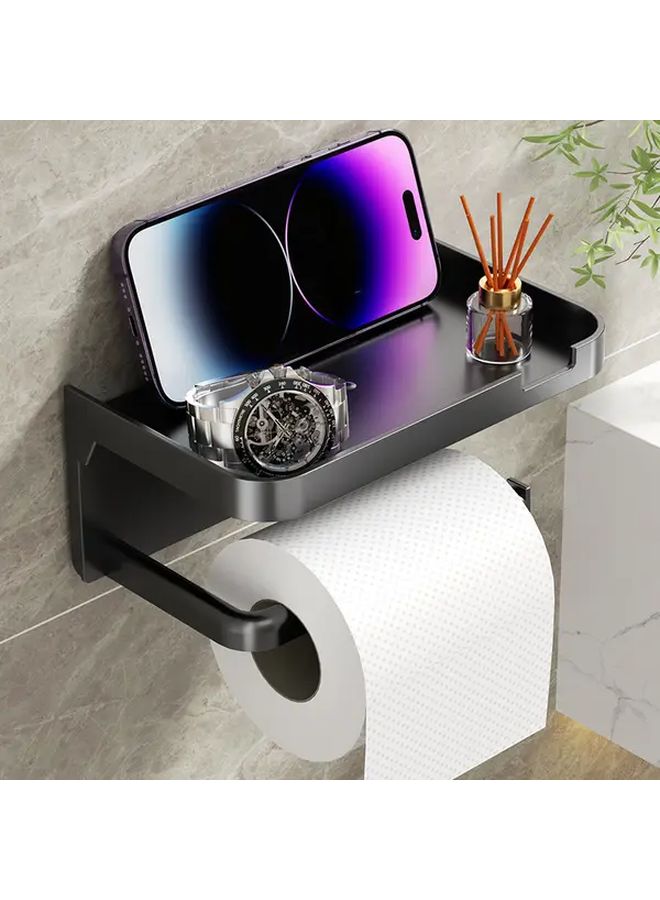 Black No Drill Bathroom Tissue Holder And Phone Tray With Heavy Duty Adhesive Mount - Image 1