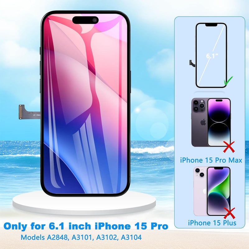 Diykitpl for iPhone 15 Pro Screen Replacement 6.1 inch Full HD, 3D Touch LCD Screen Display Digitizer Assembly with Repair Tools, Compatible for Model A2848, A3101, A3102, A3104 - Image 4