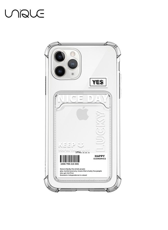 Unique For iPhone 15 Pro Max Phone Case - Doodle Text Phone Case - Phone Case with Card Holder, Card Slot - Ultra Slim Anti-Drop Soft TPU Wallet Phone Case with Bumper - Transparent - Image 1