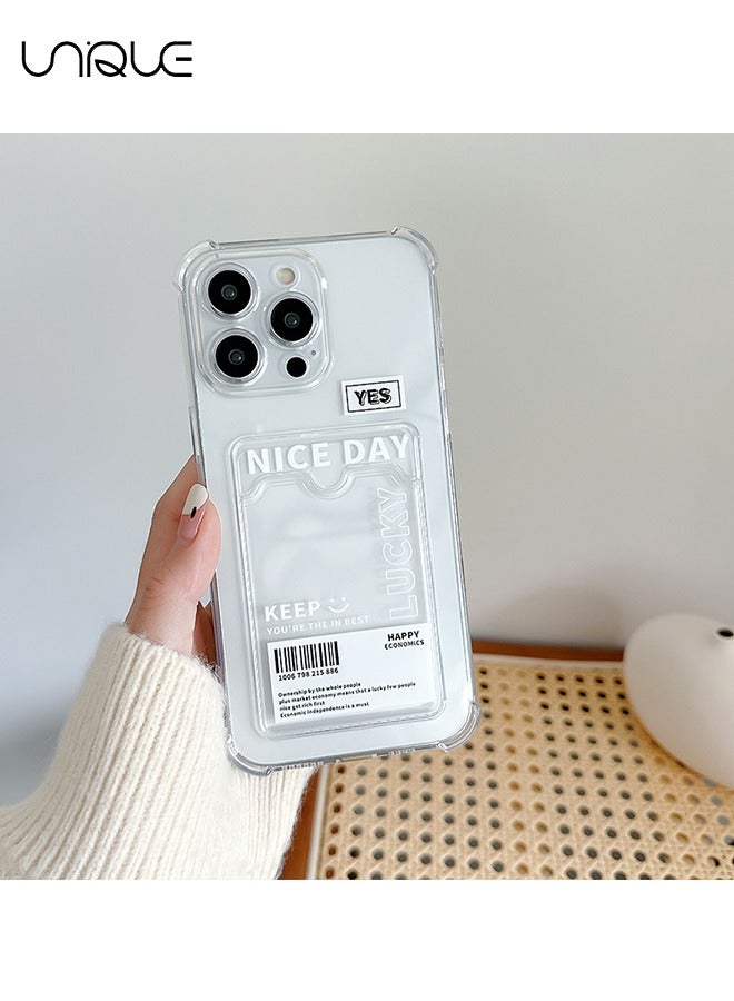 Unique For iPhone 15 Pro Max Phone Case - Doodle Text Phone Case - Phone Case with Card Holder, Card Slot - Ultra Slim Anti-Drop Soft TPU Wallet Phone Case with Bumper - Transparent - Image 5