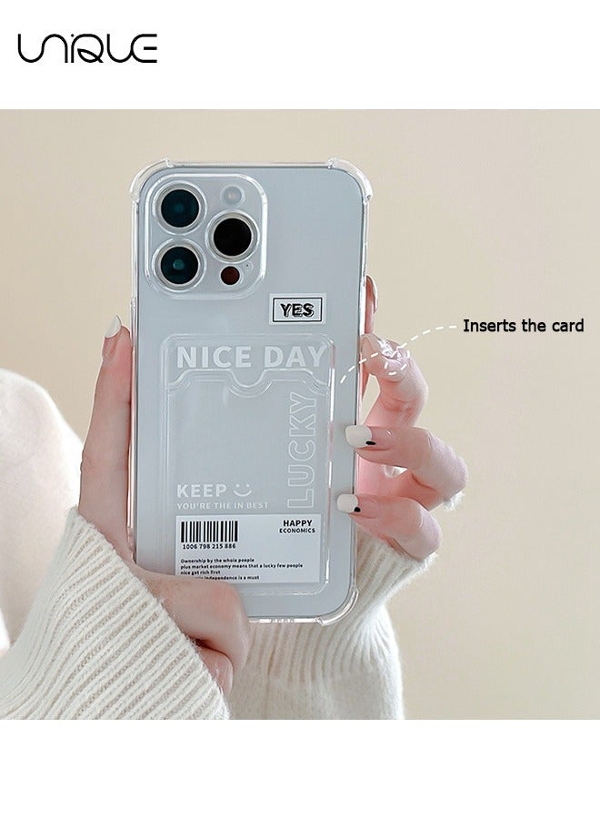 Unique For iPhone 15 Pro Max Phone Case - Doodle Text Phone Case - Phone Case with Card Holder, Card Slot - Ultra Slim Anti-Drop Soft TPU Wallet Phone Case with Bumper - Transparent - Image 3