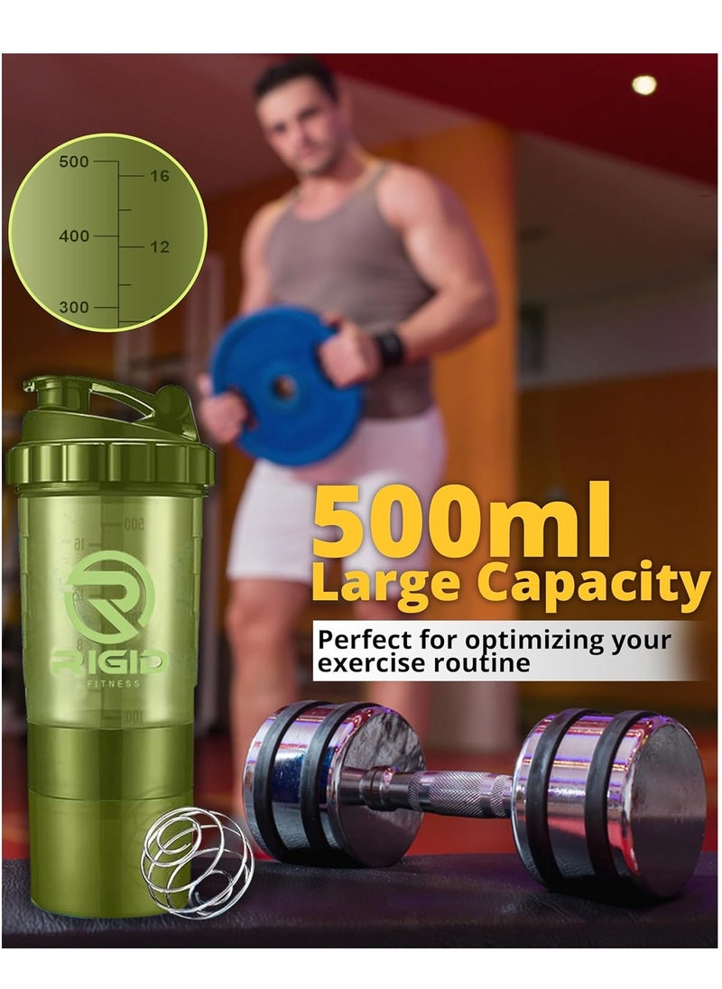 RIGID FITNESS - Protein Shaker Bottle - Leak-Proof Mixer Bottle with Powder and Pill Storage Compartments - Healthy Gym Shaker BPA Free Shaker Suitable for Gym & Outdoor (Light Green- Transparent) 500ml - Image 1