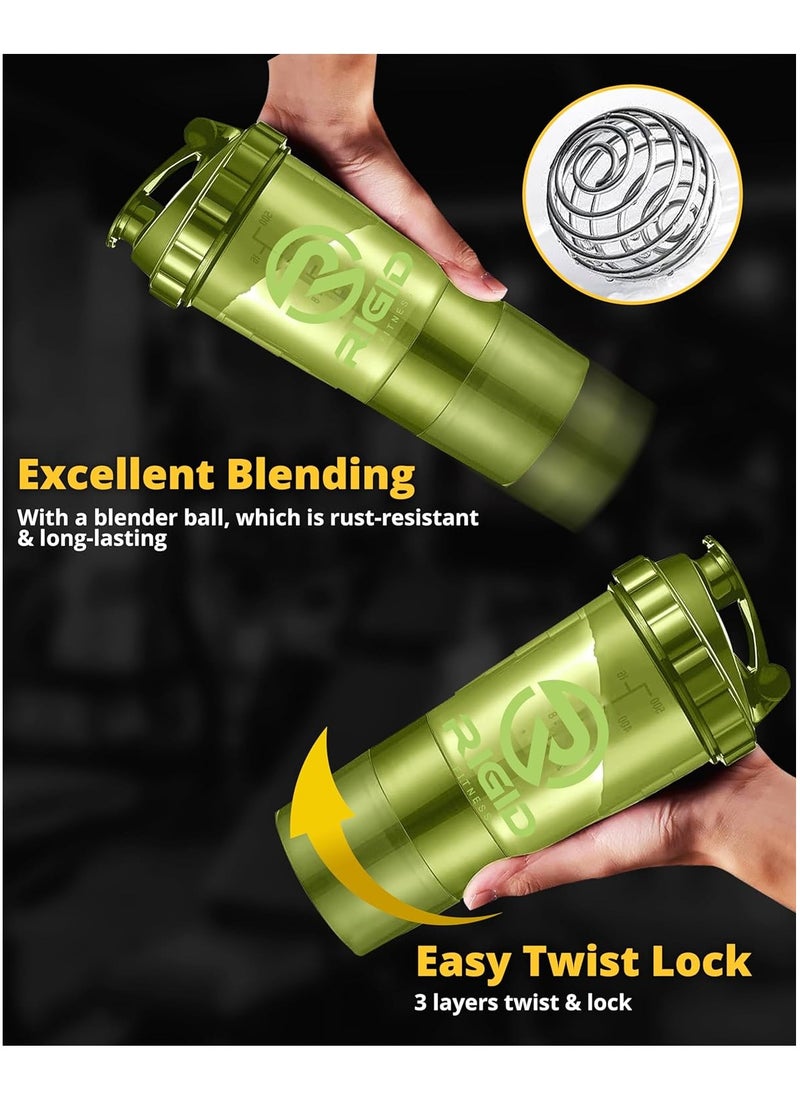 RIGID FITNESS - Protein Shaker Bottle - Leak-Proof Mixer Bottle with Powder and Pill Storage Compartments - Healthy Gym Shaker BPA Free Shaker Suitable for Gym & Outdoor (Light Green- Transparent) 500ml - Image 1