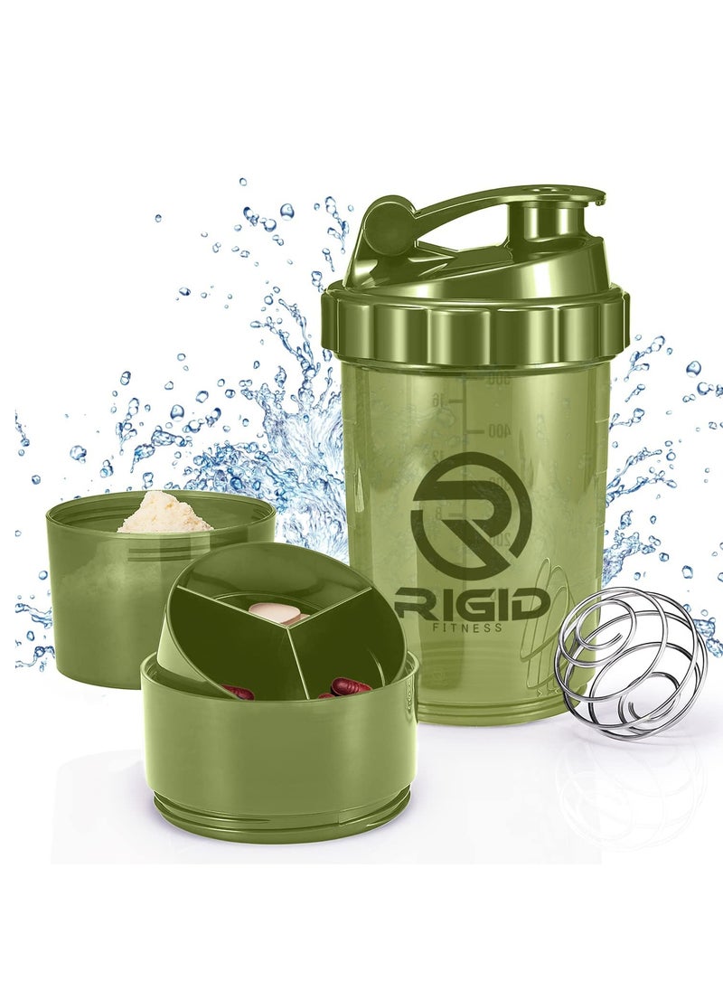 RIGID FITNESS - Protein Shaker Bottle - Leak-Proof Mixer Bottle with Powder and Pill Storage Compartments - Healthy Gym Shaker BPA Free Shaker Suitable for Gym & Outdoor (Light Green- Transparent) 500ml - Image 1