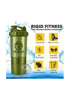 RIGID FITNESS Protein Shaker Bottle - Leak-Proof Mixer Bottle with Powder and Pill Storage Compartments - Healthy Gym Shaker BPA Free Shaker Suitable for Gym & Outdoor (Light Green- Transparent) 500ml  - Image 3