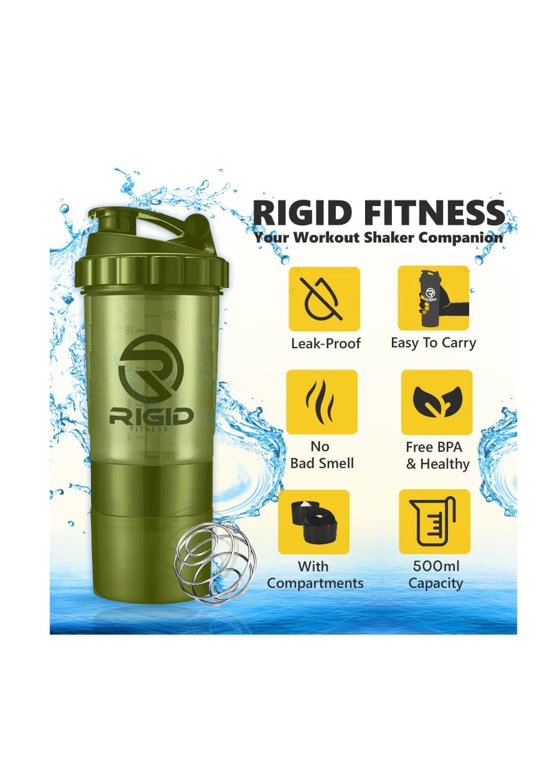 RIGID FITNESS - Protein Shaker Bottle - Leak-Proof Mixer Bottle with Powder and Pill Storage Compartments - Healthy Gym Shaker BPA Free Shaker Suitable for Gym & Outdoor (Light Green- Transparent) 500ml - Image 1