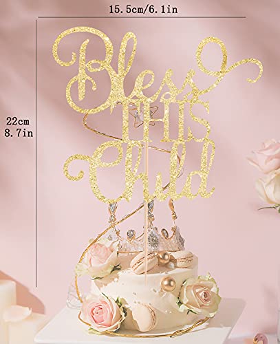 AHAORAY Bless This Child Cake Topper Gold Glitter Chlid Christening Cake Decoration Supply Smash Cake Topper for First Holy Communion PartyBaby Shower Baptisim Cake Toppe - Image 2