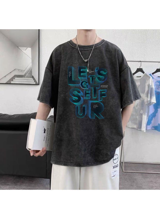 Loose Oversized 300-pound Printed Vintage T-shirt For Men, Summer Loose Short-sleeve Trendy Street Style 3d Printed T-shirt