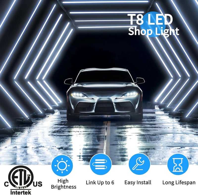 SHOPLED (Pack of 4) Linkable LED Utility Shop Lights for Garage, 6FT, 60W, LED Tube Ceiling Light T8 Integrated Single Fixture, 6000K, 8000LM Daylight V Shape, Basement, Offices, Clear Lens, Plug and Play - Image 2