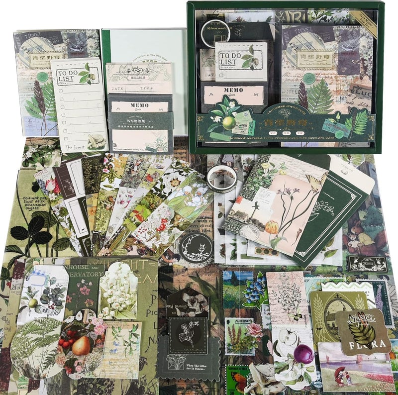 WEMOL 346Pcs Vintage Journal Scrapbook Pack Kit for Art Journaling Bullet Planners DIY Paper Stickers Craft Kits Notebook Collage Album Aesthetic Sticker Green - Image 1