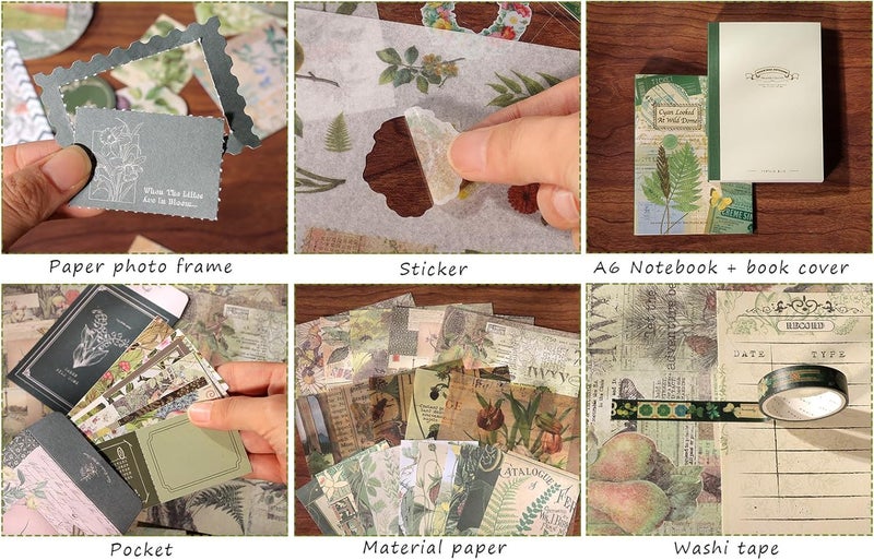 WEMOL 346Pcs Vintage Journal Scrapbook Pack Kit for Art Journaling Bullet Planners DIY Paper Stickers Craft Kits Notebook Collage Album Aesthetic Sticker Green - Image 5