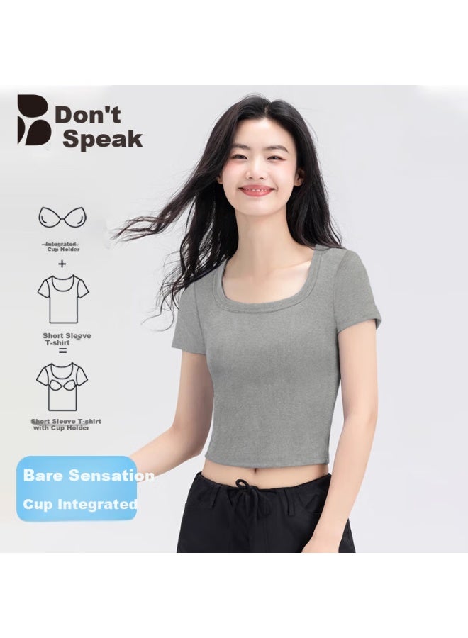 Don't speak Casual T-shirt With Chest Pad Solid Color Short Sleeve Square Neck No Bra Short Style Crop Top Gray L - Image 1