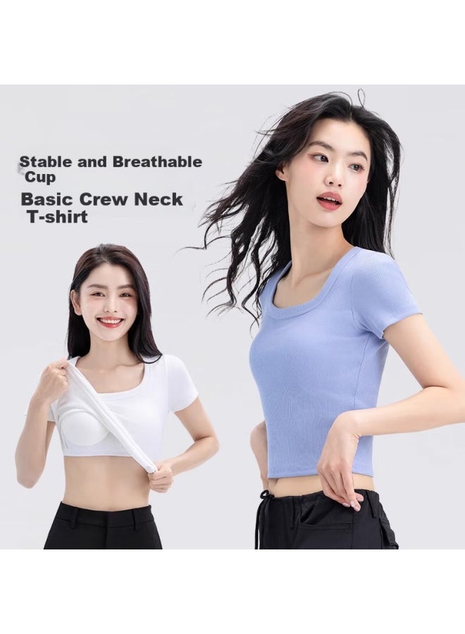 Don't speak Casual T-shirt With Chest Pad Solid Color Short Sleeve Square Neck No Bra Short Style Crop Top Gray L - Image 2