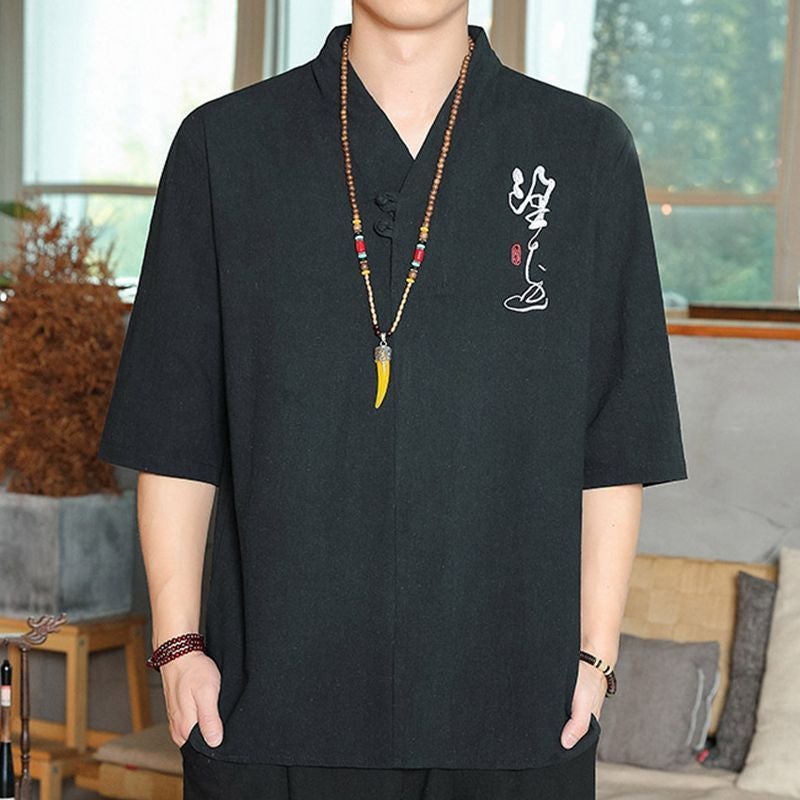 Cotton Linen T-shirt Men's Chinese Style Seven-point Sleeve Men's Buckle Five-point Sleeve Top plus size V-Neck Thin Summer Loose - Image 5