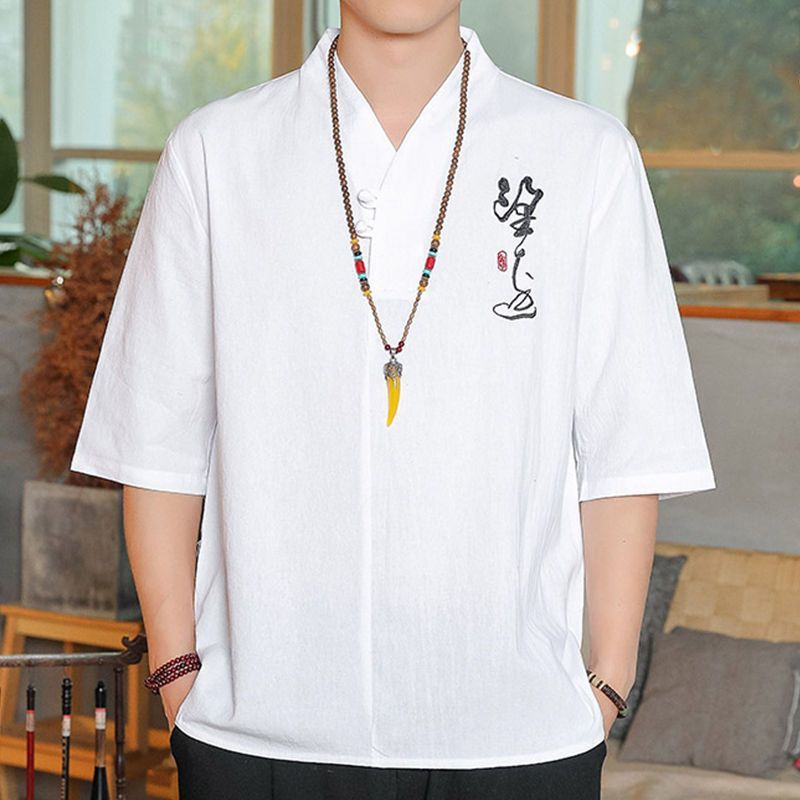 Cotton Linen T-shirt Men's Chinese Style Seven-point Sleeve Men's Buckle Five-point Sleeve Top plus size V-Neck Thin Summer Loose - Image 3